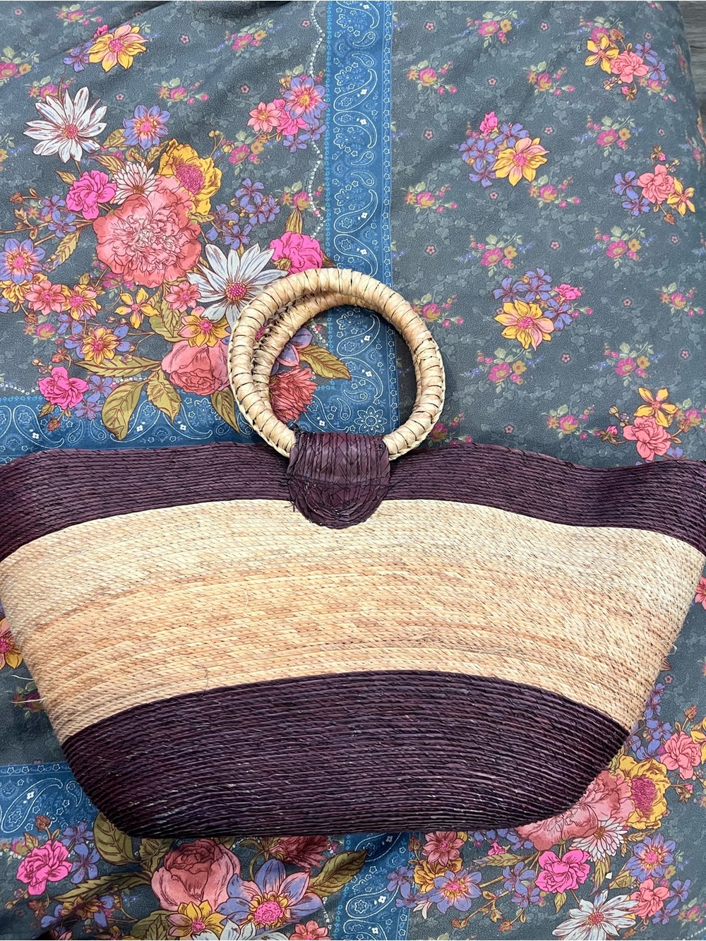 Woven Straw Tote Bag with deep Purple/brown Accent